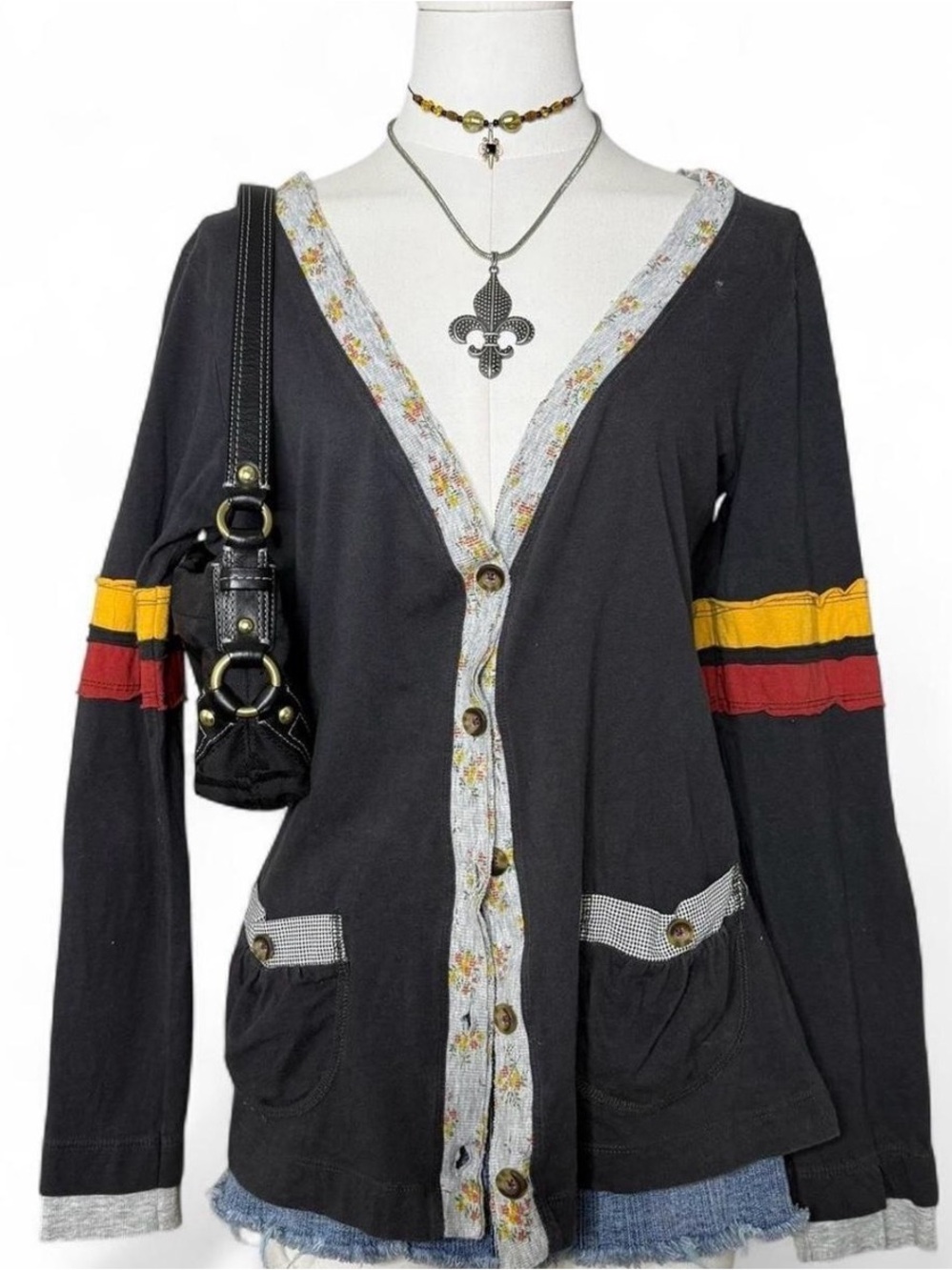 Scrapbook Black Cardigan with Yellow and Red Stripe Accents